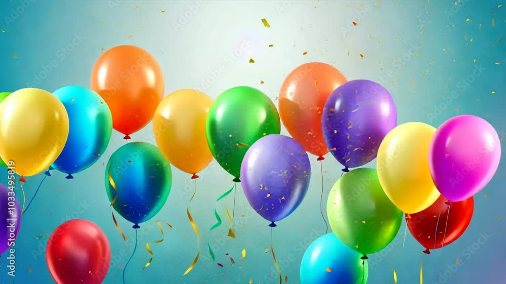 Poster A bunch of colorful balloons are floating in the air. The balloons are of different colors and sizes, creating a vibrant and lively atmosphere. Concept of celebration and joy