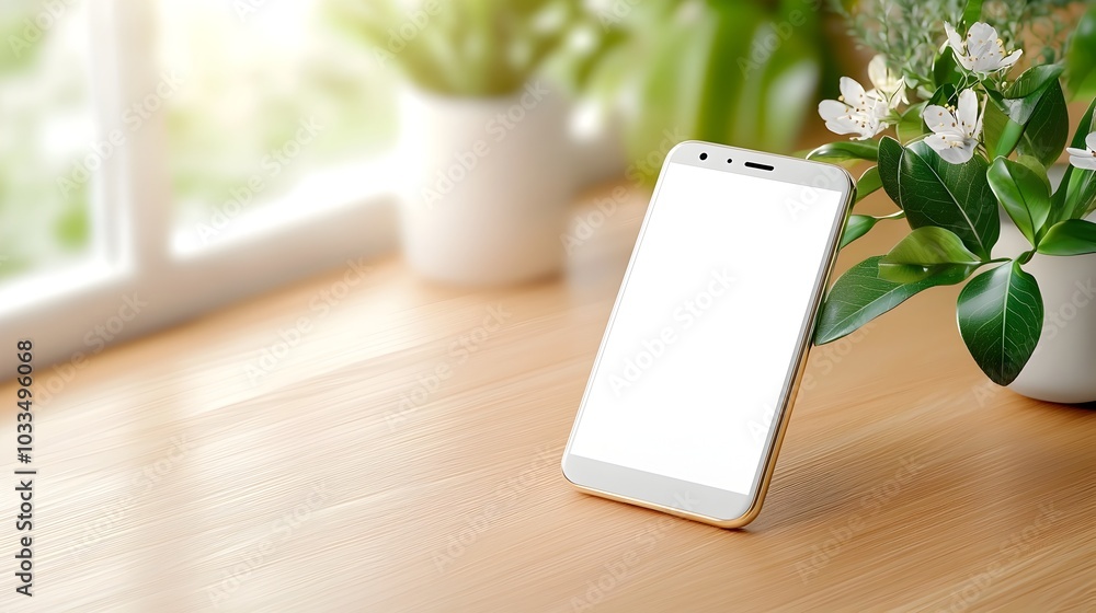 Poster minimalist 3d of a clean white smartphone device displayed on a wooden office desk with blank copy s