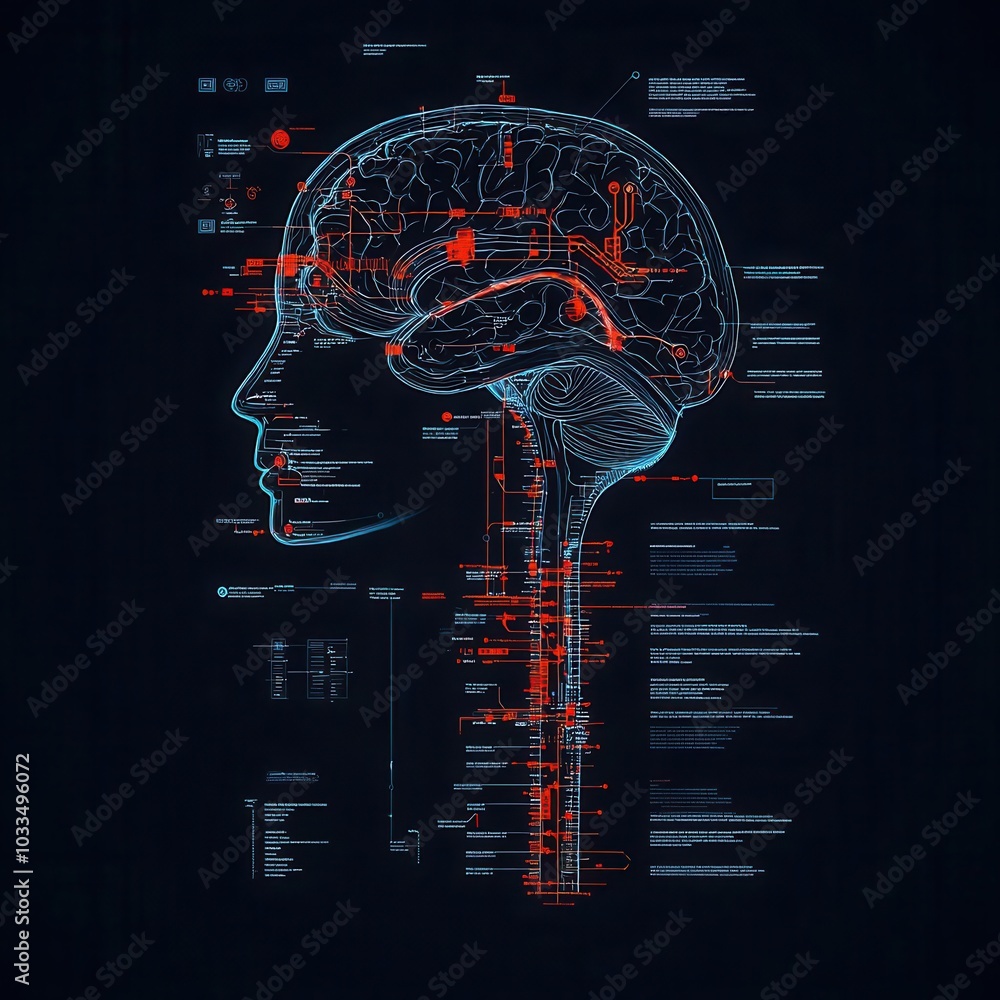 Poster a digital illustration depicting a side profile of a human head and brain, showcasing intricate neur