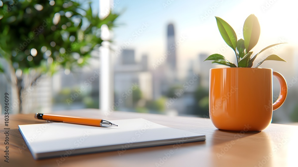 Poster neatly organized desk with a clean minimalist design and a blank notepad representing a peaceful and