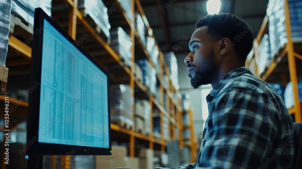 Poster warehouse worker analyzing data on computer screen, focused expression, shelves in background