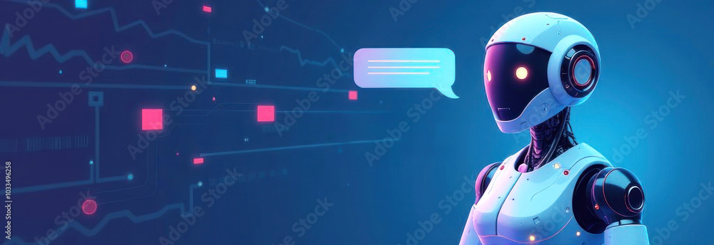 Poster ai robot interacting with digital network, future of artificial intelligence. robot communicating wi