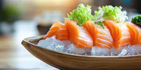 Salmon and Saba on ice presented in a Sashimi combo Boat, photographed closely on a wooden dining table in a Japanese restaurant, with a background featuring copy space.