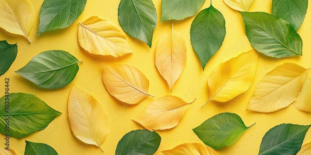 Aufkleber Create a card using green and yellow leaves for an abstract background. Nature concept, flat lay, copyspace, sketchbook.