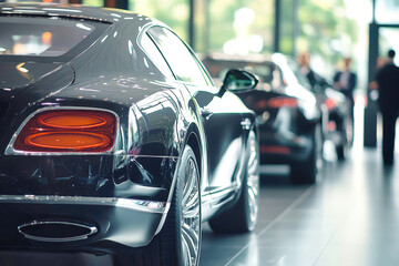 Elegant black luxury cars showcased in a high-end showroom with potential buyers and salespeople engaged in discussions about test drives
