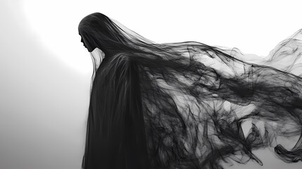 Ethereal silhouette of a figure with flowing, dark fabric against a light backdrop.