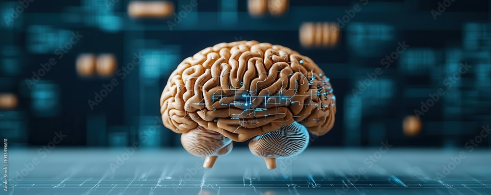 Poster a detailed, digital representation of a brain, highlighting its intricate structure against a tech-i