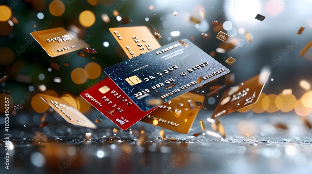 Poster floating digital credit cards with room for financial copy or text on an abstract 3d rendered backgr