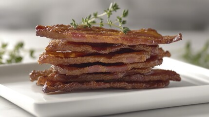 Crispy Bacon Stacked on a White Plate with Herbs