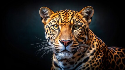 Obraz premium Stunning Leopard Portrait on Dark Background - Majestic Wild Cat Close-Up, Animal Photography, Wildlife Art, Nature, Predator, Exotic Beauty, Big Cat, Natural Habitat