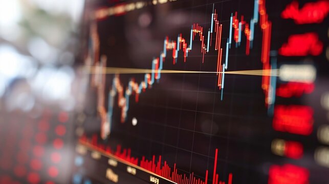 A dynamic candlestick chart displaying fluctuations in stock market data, illustrating trends and price movements. This image highlights the volatility and analysis essential for traders and investors