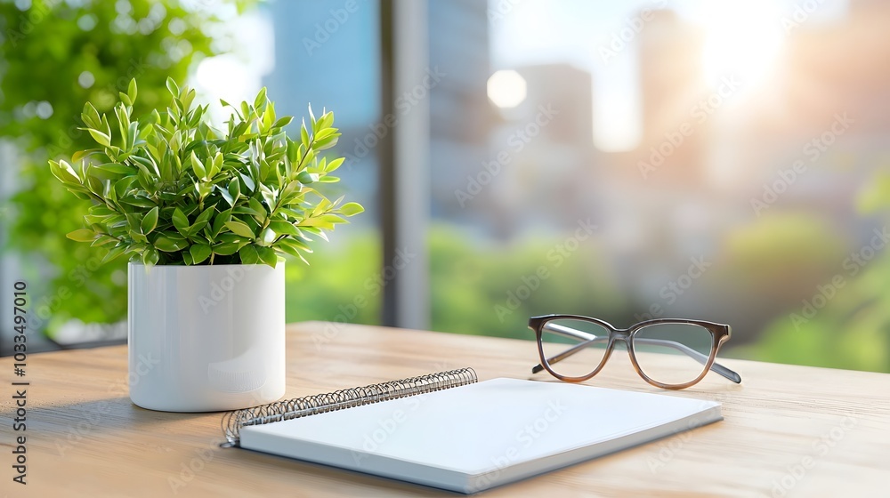 Aufkleber minimalist and clean office setup featuring a blank notebook on a simple desk providing ample space 