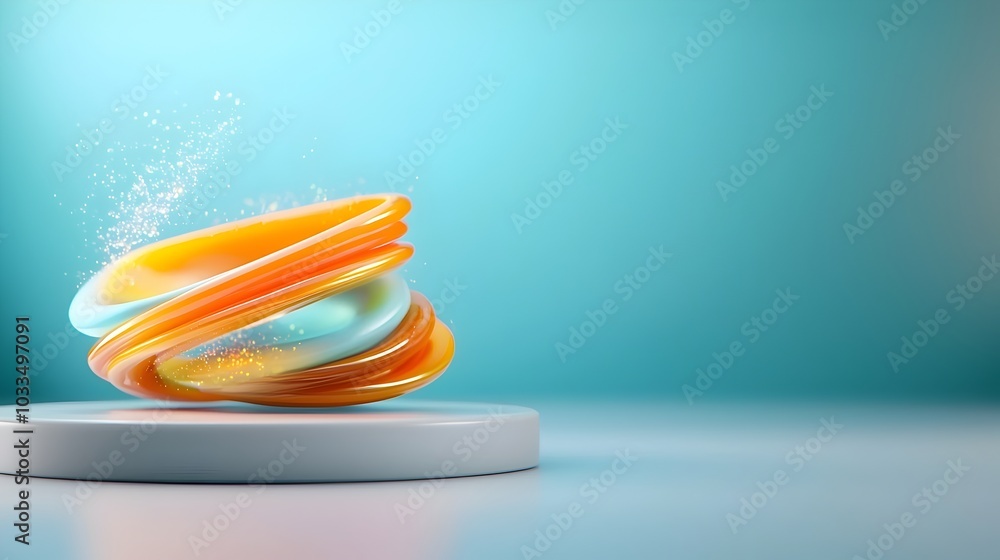 Aufkleber mesmerizing 3d featuring floating abstract shapes in a vibrant neon color palette set against a sere