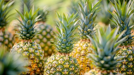 Fototapeta premium pineapple plantation with many pineapples --no text and people, human --chaos 10 --ar 16:9 Job ID: f7fbf51c-f62a-4582-adca-a0148cb71d4e