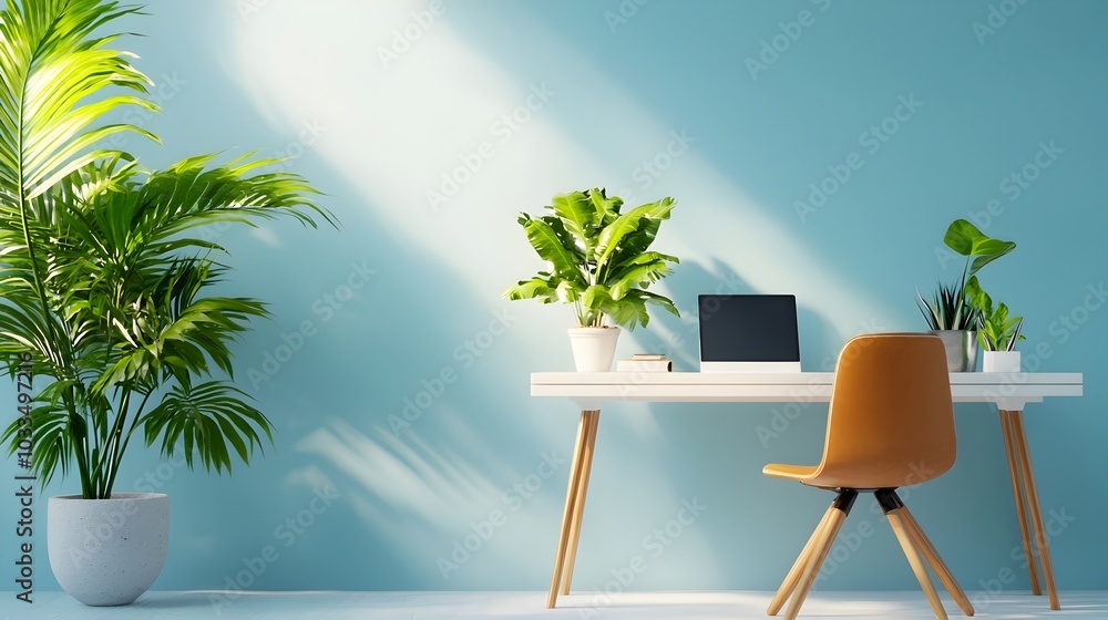 Poster minimalist and organized office workspace with empty desk and chair 3d of a clean and efficient corp