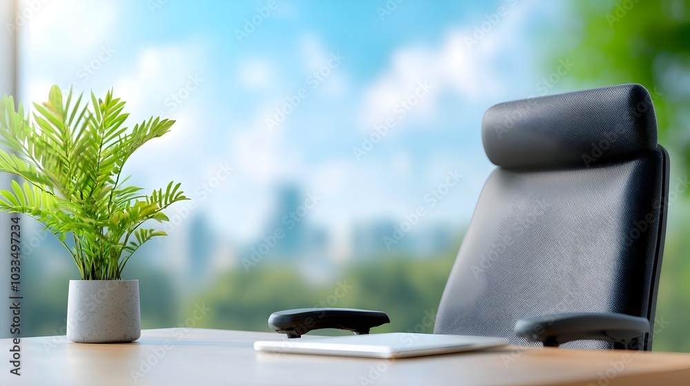 Poster sleek and minimalist office workspace with empty desk and chair showcasing a clean and organized wor