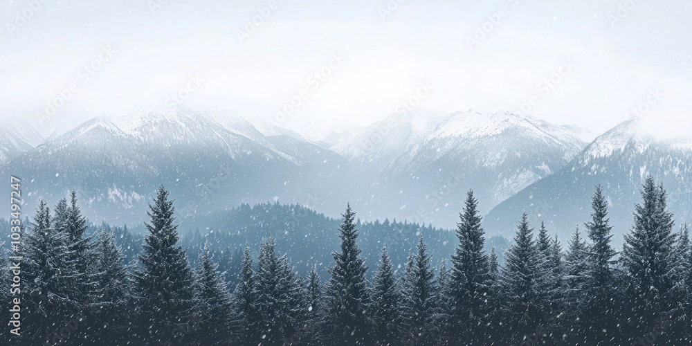 Aufkleber view from the summit of the mountains covered in snow. winter scenery featuring a fir forest followi