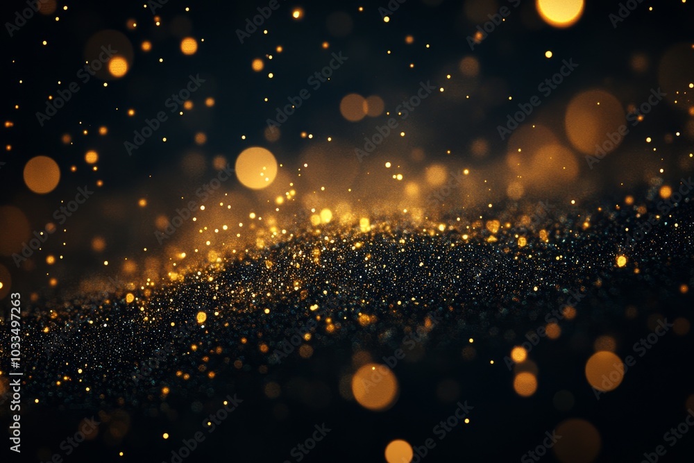 Aufkleber abstract background with a wave of golden glitter and bokeh lights on a black backdrop.