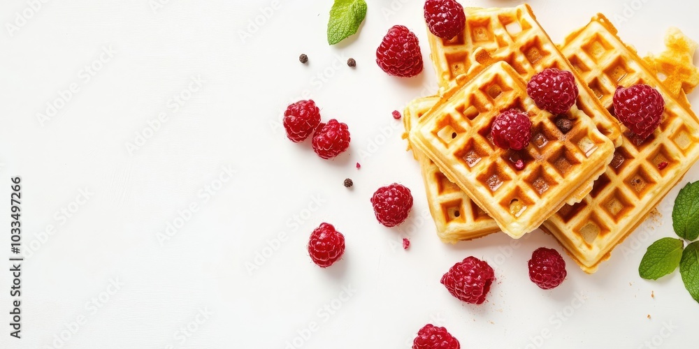 Poster homemade waffles on a white background, featuring copy space.