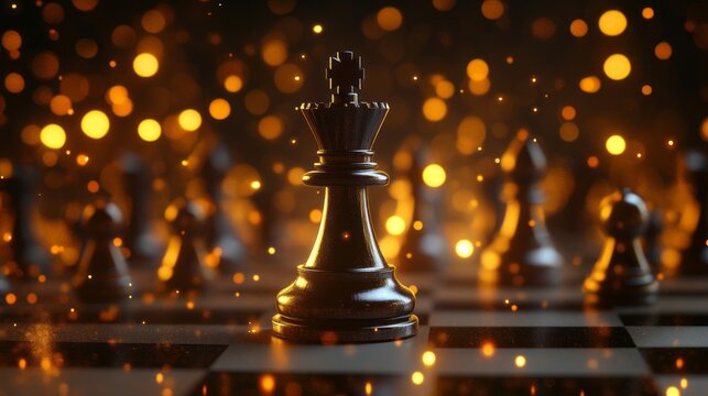 The chess king stands majestically amidst glowing embers, symbolizing strategy and victory
