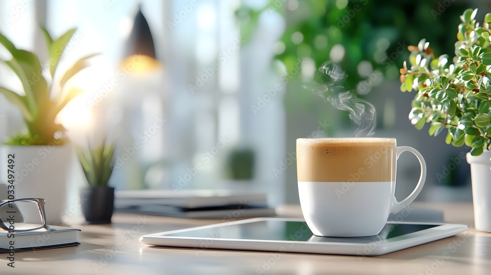 Poster blank digital tablet placed on a modern desk against a simple clean tech background with ample copy 