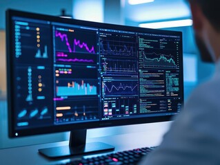 A person analyzes financial data on a large monitor displaying colorful graphs and charts, representing data visualization and analytics.