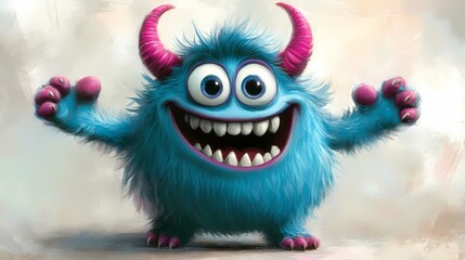 Naklejka premium Cheerful blue monster with pink horns and a big smile, exuding playful energy.