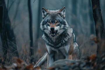 Fototapeta premium Lone Wolf Symbolizing Anger in Cold Wilderness - Tense Posture
