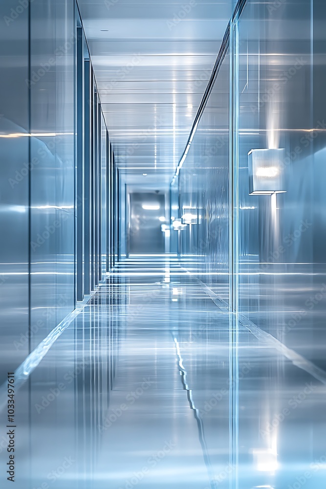 Poster a sleek, modern corridor with reflective surfaces and glowing light fixtures, creating a futuristic 