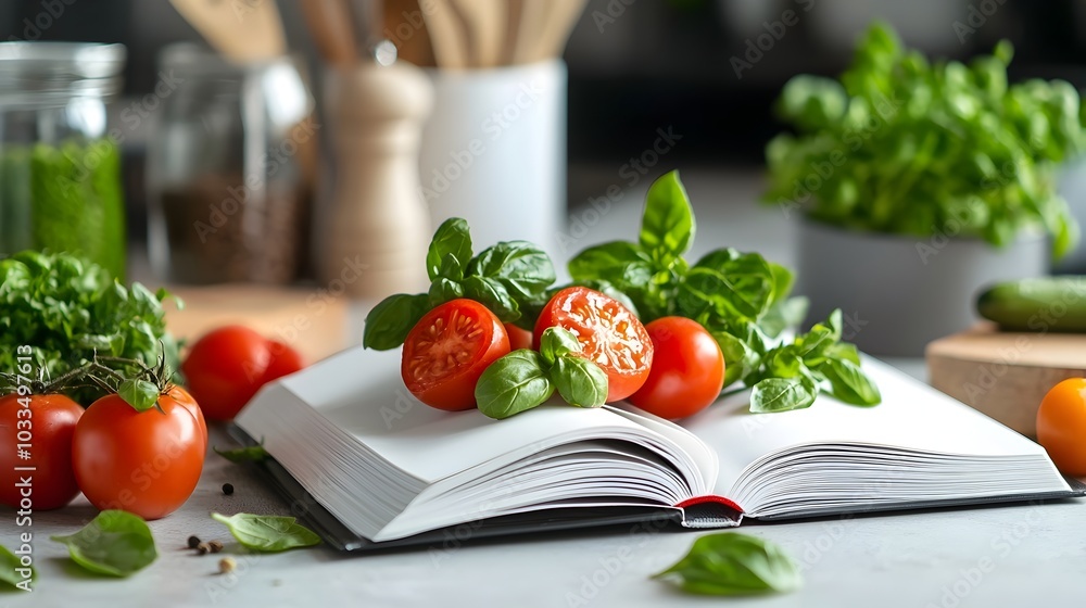 Poster clean and minimalist kitchen counter with a blank cookbook or recipe book placed on the surface leav