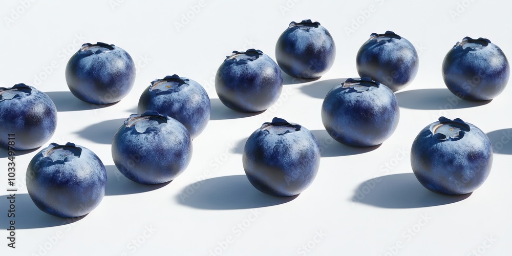 Poster close-up of isolated blueberries on a white background casting a soft shadow. ripe, delicious bluebe