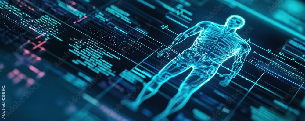 Poster a digital representation of a human figure surrounded by data overlays, illustrating the intersectio