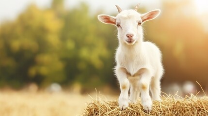Obraz premium Adorable Baby Goat on Hay Bale
