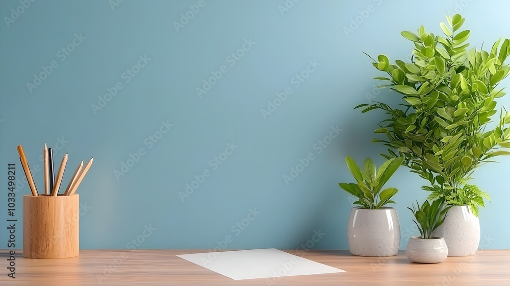 Poster minimalist and organized home office setting with clean desk blank paper and copy space for focused 