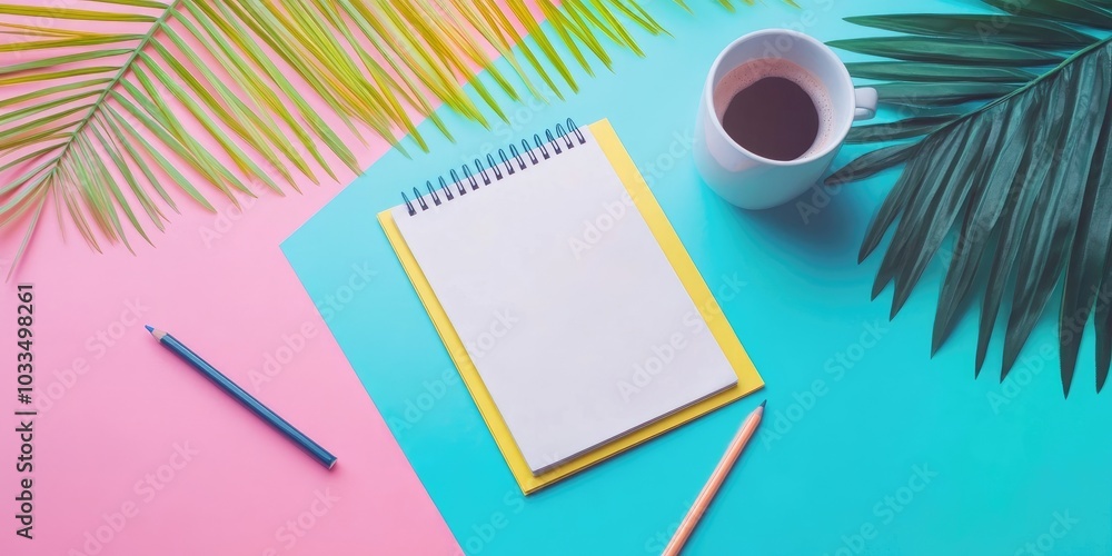 Poster mock-up magazine or catalog on a vibrant table. blank page or notepad on a contemporary backdrop. em