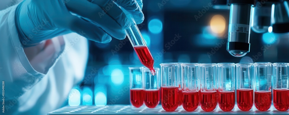 Poster a scientist extracts a red liquid using a pipette, carefully transferring it to multiple test tubes 