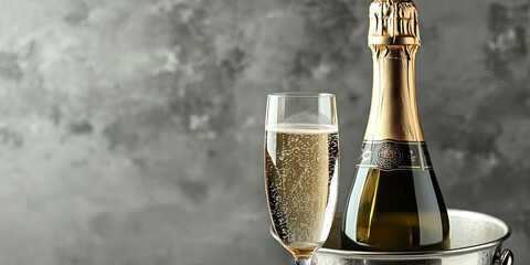 Close-up view of a champagne bottle in a bucket alongside a glass of champagne on a grey background.