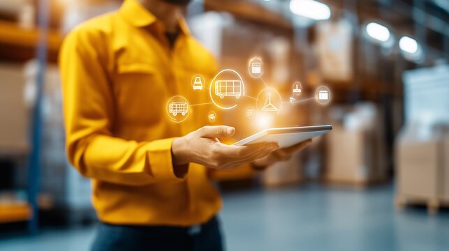 Logistics Management: A warehouse worker uses a tablet to manage inventory and logistics, showcasing modern technology in supply chain operations.  