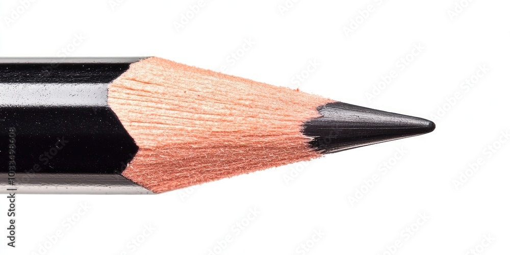 Poster sharp black pencil tip in a close-up macro shot against a white background. there is dropped copyspa