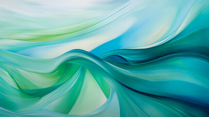 Abstract artwork of smooth, flowing waves in gentle green and blue tones, creating a serene and fluid visual effect with soft gradients