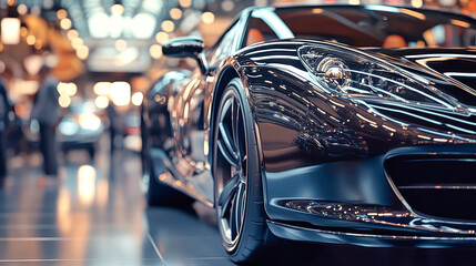 Luxury black cars on display in a modern showroom with panoramic views and customers exploring sleek designs