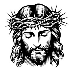 graceful hand-drawn portrait of Jesus Christ, blending artistic detail with a serene and compassionate expression black vector