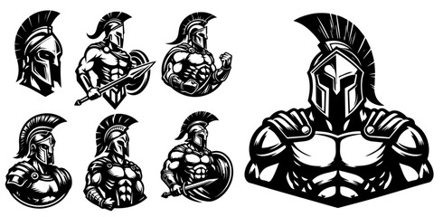 black vector set of spartan warrior portraits with helmets and armor