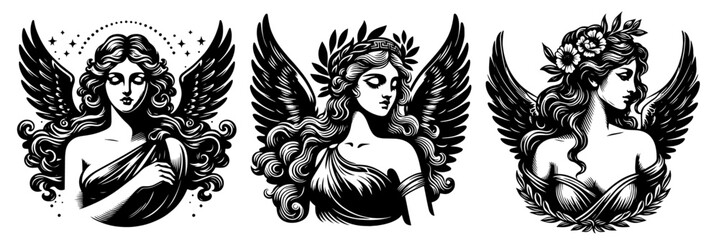 elegant old-style angel designs in line art sketch black vector