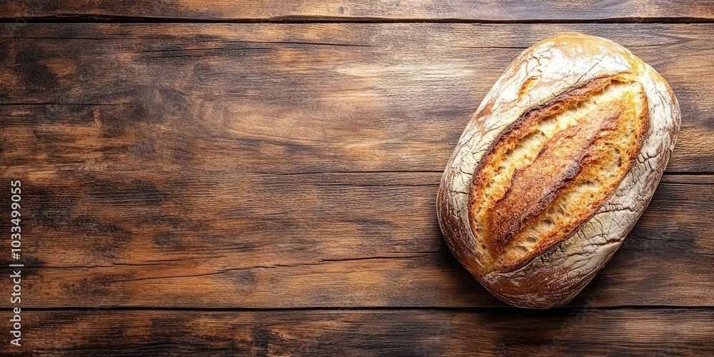 Poster crispy loaf bread on a wooden table with copy space, top view.