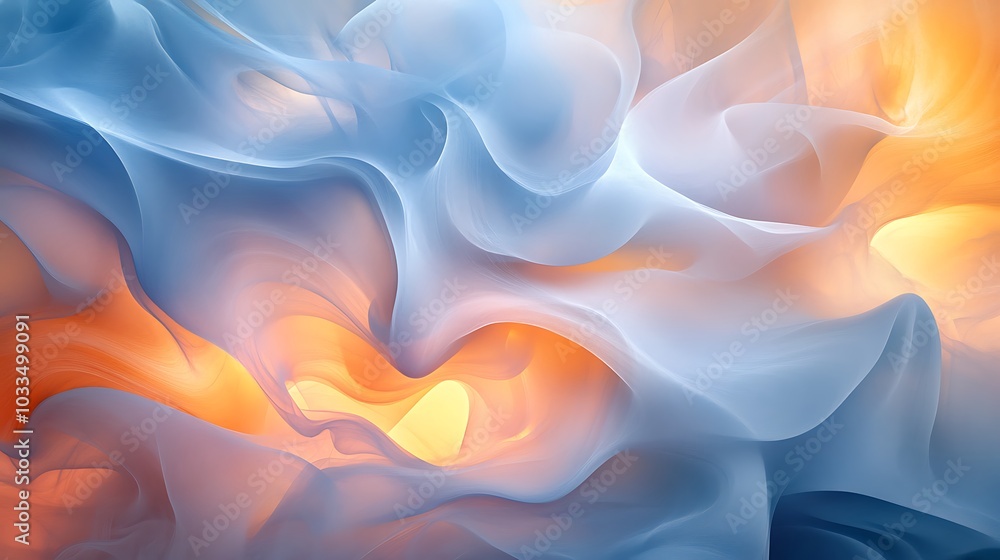 Poster a mesmerizing abstract pattern of flowing colors, blending soft blues and fiery oranges, creating a 