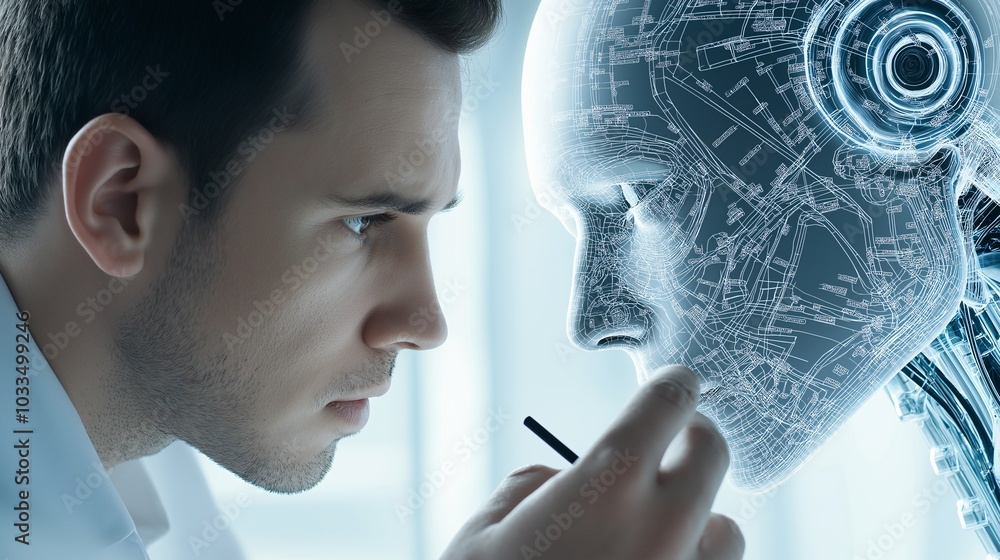 Poster ai development: focused scientist examining advanced robot head