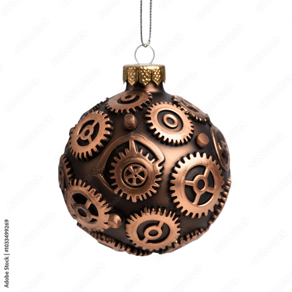 Poster steampunk style christmas ornament with gears and metallic cogs isolated on a transparent background