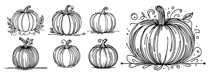 artistic monoline line art pumpkin design for creative projects black vector