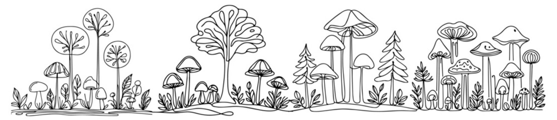 elegant monoline illustration of mushrooms in the forest, showcasing nature's beauty in simple line art black vector